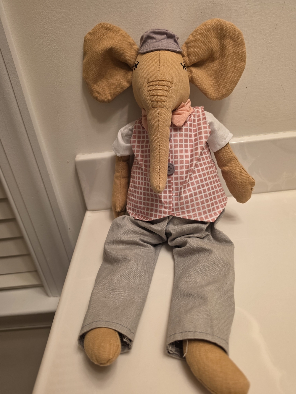 Plush Elephant Doll in Tan with Pink Vest and Gray Pants